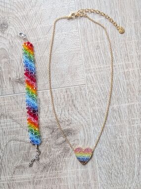 NWOT Lot 2 Pride Baublebar Rainbow Gold Tone Heart Necklace Crystal Bracelet